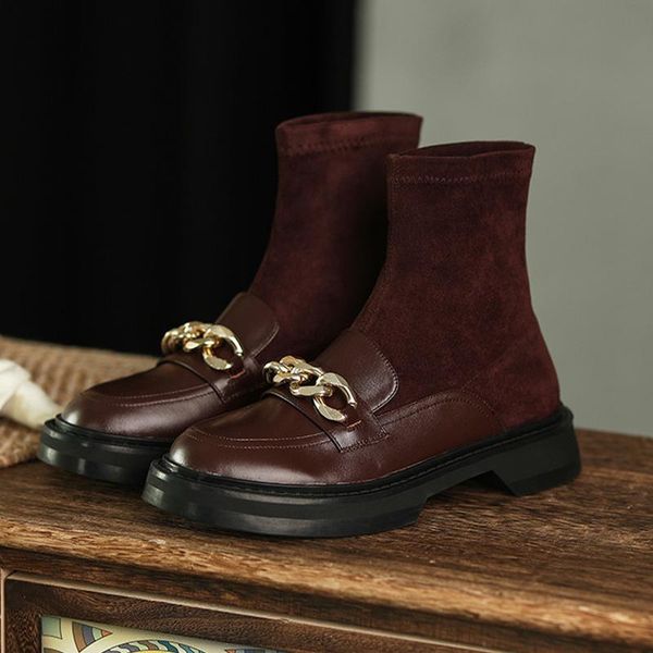 

boots women shoes winter slip-on buckle sock stretch fabric ankle for zapatos de mujer thick heels, Black