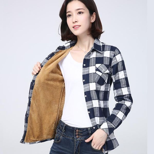 

women's blouses & shirts 2021 winter warm plaid shirt coat casual fleece velvet plus thicke brand college style woman clothes outerwea, White