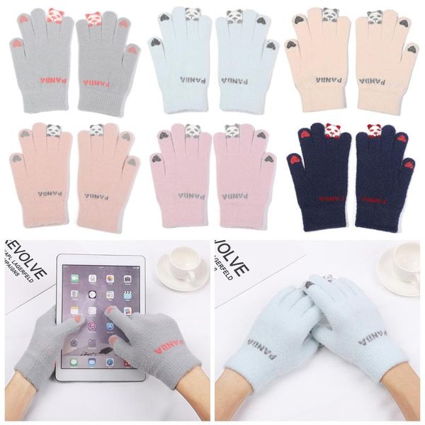 

five fingers gloves women winter knitted full finger cute cartoon cats touchable screen mittens thicken warm soft stretch, Blue;gray