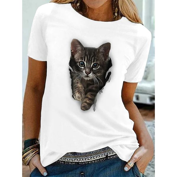 

grey cat pattern women's fashion style 3d printing round neck casual streetwear summer basic short-sleeved t-shirt, White