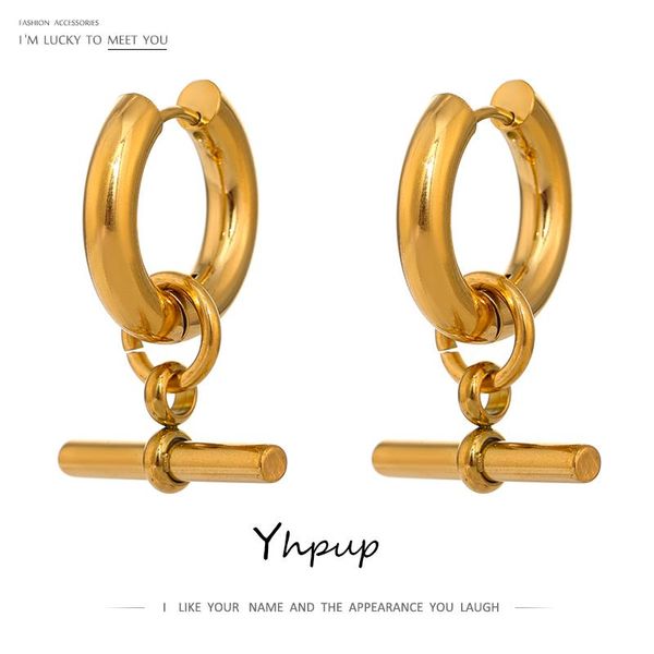 

hoop & huggie yhpup stainless steel unusual earrings statement metal golden geometric trendy jewelry for women office gfit, Golden;silver