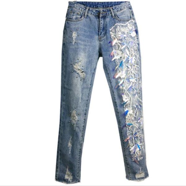 

ripped jeans boyfriends trousers denim pants mid waist loose haren for women girl sequined tassel women's, Blue