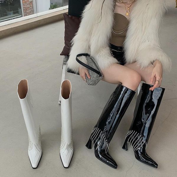 

boots knee high pointed toe patent leather knight booties thick heels rhinestone chain black white winter botas size 35-39