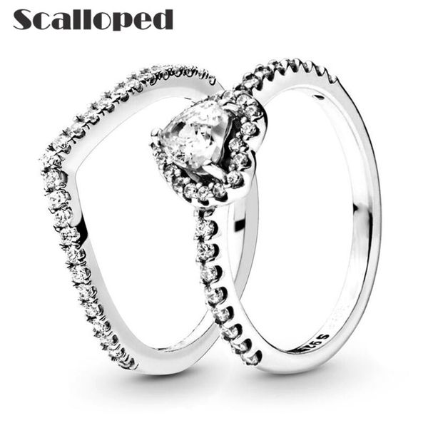 

wedding rings scalloped fashion wish bone love heart stacked engagement women sparkling zircon band set jewelry couple gifts, Slivery;golden