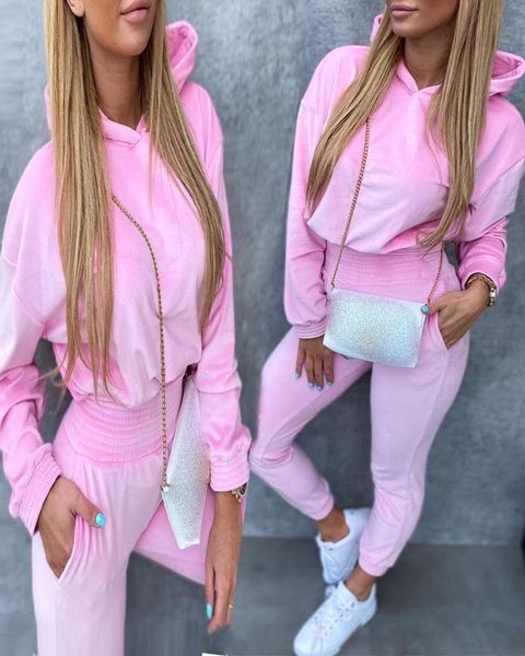 

women's two piece pants pink casual hooded sweater suit trousers, White