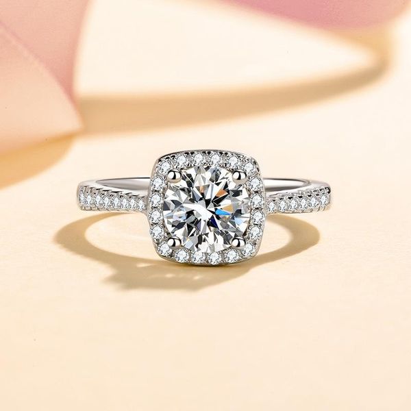 

cluster rings moissanite passed diamond test perfect 925 sterling silver 1ct square 4 prong ring classic party jewelry luxury gift, Golden;silver