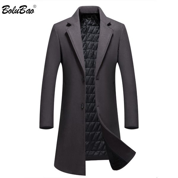 

bolubao men winter wool coat men's winter casual solid color slim fit wool blends woolen pea coat male trench coat overcoat 210518, Black