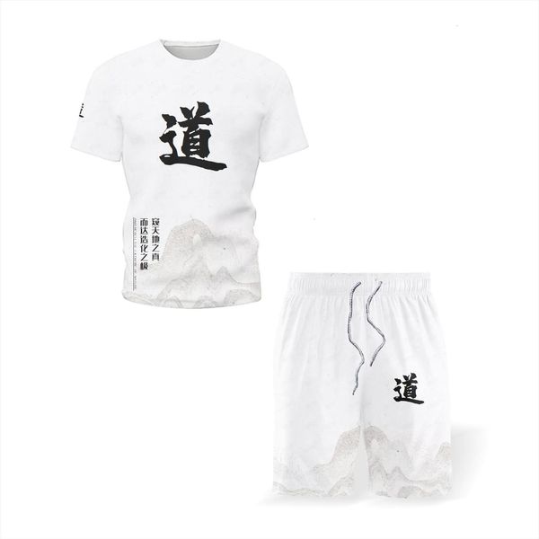 

summer sports suit chinese men tracksuit style short sleeved t shirt white buddhist and taoist retro two piece 3d printing, Gray