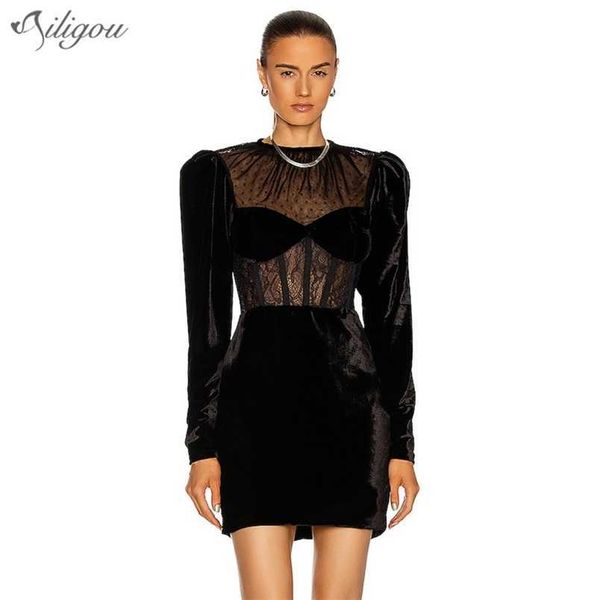 

summer lady designer long sleeve velvet black elegant mini dress celebrity bodycon vestido 210525, Black;gray