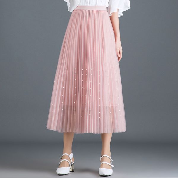 

skirts skirts spring sweet beaded tulle women high waist pink faldas mujer moda korean beading pleated mesh long s w6vw, Black