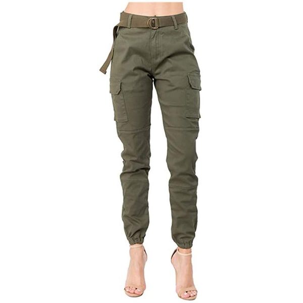

autumn fashion streetwear women's high waist slim fit jogger cargo solid color pants with matching belt casual joggers femme & capris, Black;white