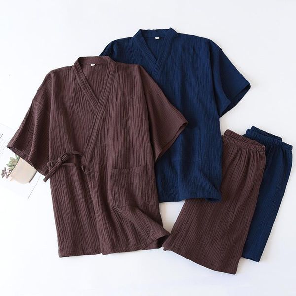 

men's sleepwear summer japanese kimono pajamas set men solid cardigan shorts suit loose casual haori yukata with pockets home clothes, Black;brown
