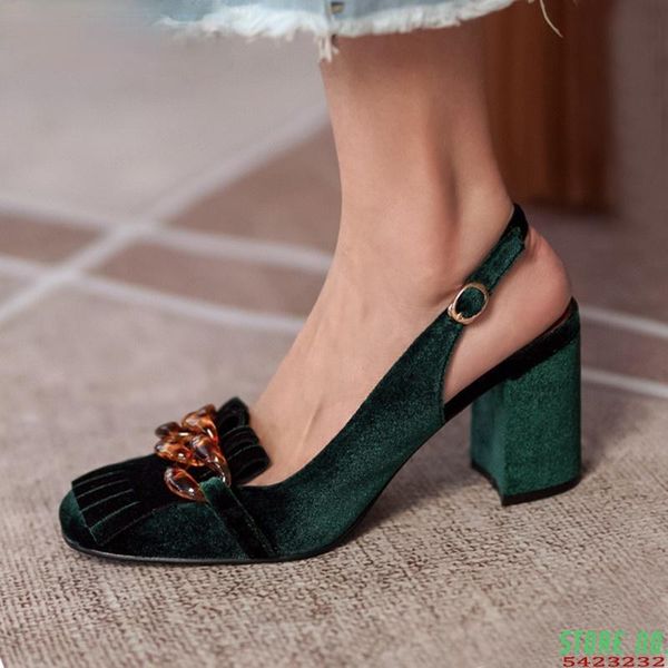 

sandals summer chunky high heel women retro velvet shallow mouth slingback crystal chain fringe tassel pumps banquet shoes, Black