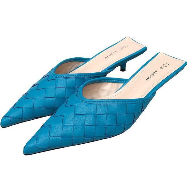 

slippers pointed toe women weave design thin low heels slip on fashion blue shoes outdoor causal slides mules, Black
