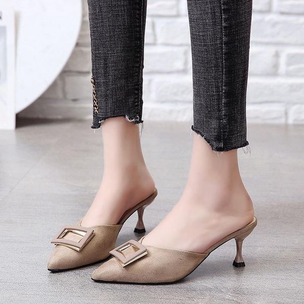 

slippers women's 2021 spring half drag one foot suede stiletto heel comfortable non-slip elegant wild shoes u24-87, Black