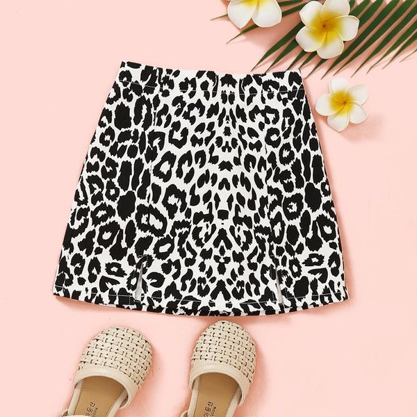 

skirts summer autumn little girl\u2021s stylish personality leopard skirt korean split elastic high-waist a-line short black, Blue