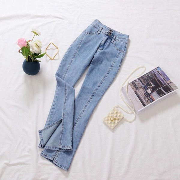 

women's jeans shnsophi bell bottom high waisted spring/autumn slim stretch micro flared floor pants full length korean trousers, Blue