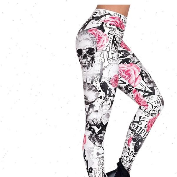 

fashion sport fitness elastic women legging work out clothes whtie skull printed high waist skinny pencil pants, Black