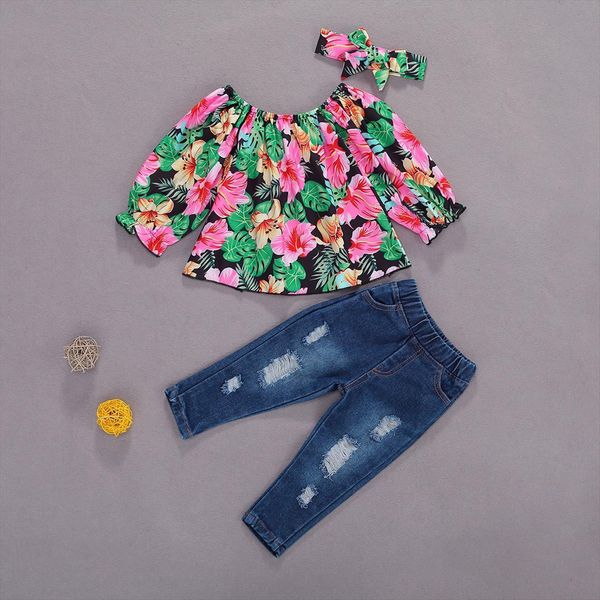 

children infant girl set long sleeve leaves print jeans denim pants toddler sets cute baby clothing 12m 5y, White