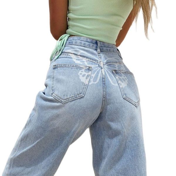 

women's jeans traf european and american fashion pants y2k temperament high waist printing pattern wide leg, Blue