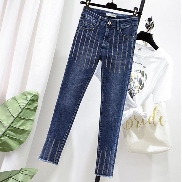 

autumn vertical lines painted women's high waist pencil pants mujer plus size ankle length denim fashion jeans woman blue