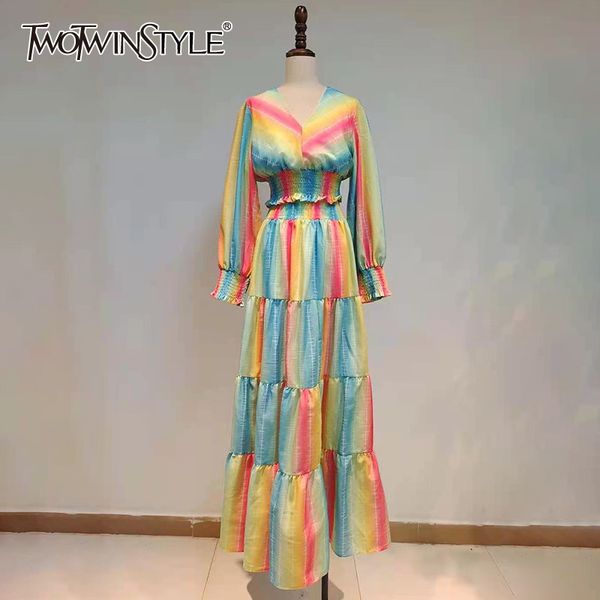 

twotwinstyle striped hit color two piece set for women v neck long sleeve shirt high waist maxi skirt elegant sets female 210428, White