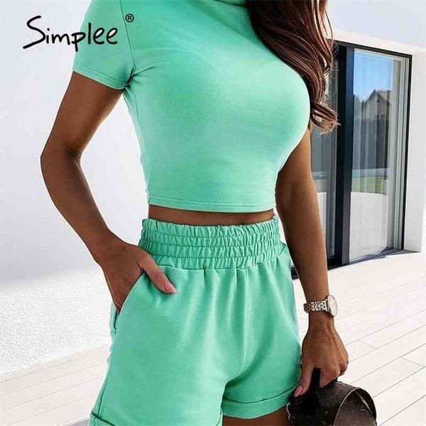 

turtleneck two-piece women casual short sleeve tight female suits spring summer ladies shorts set 210414, White