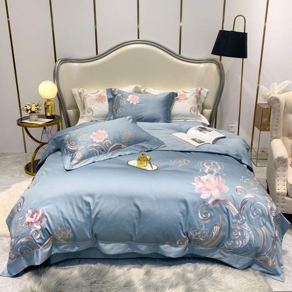 

bedding sets premium blue white 1000tc satin egyptian cotton set flowers embroidery duvet cover bed linen fitted sheet pillowcases