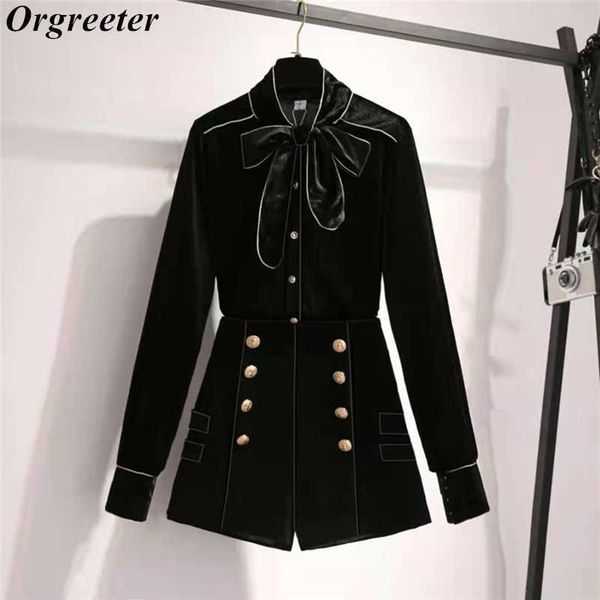 

autumn golden velvet shorts suits ladies two piece set bow lace up collar shirts and double-breasted high waist 210930, White