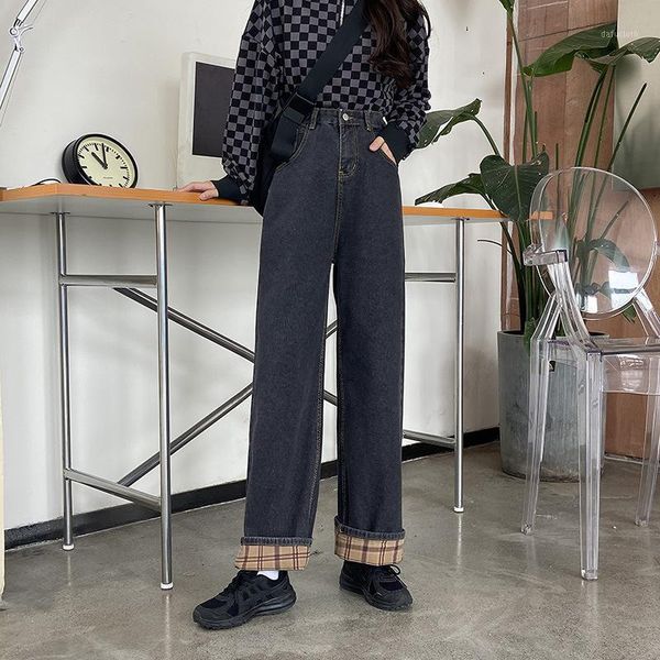 

women's jeans women's autumn korean version of pants retro plaid straight high waist loose casual, Blue