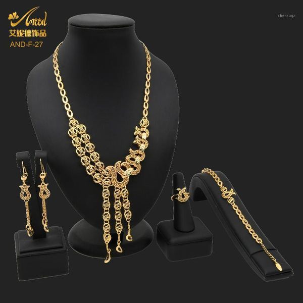 Orecchini Collana Set di gioielli da sposa nigeriani Luxury 24K Gold Etiope Sposa Party Orecchino Bracciale Anello India Designer all'ingrosso