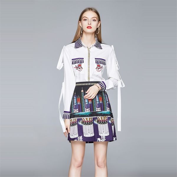 

banulin fashion runway two piece suit set summer women's floral print t-shirt + vintage blue mini skirt 210603, White