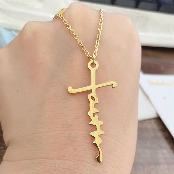

pendant necklaces europe and the united states titanium steel stainless faith ou cross necklace motivational poster, Silver