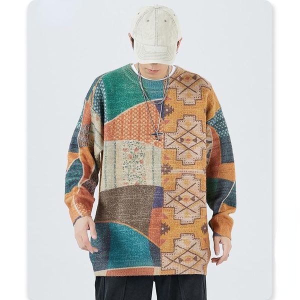 

men's sweaters ethnic style round neck sweater fashion trend couple loose knit casual warm outdoor jacket pullover, White;black