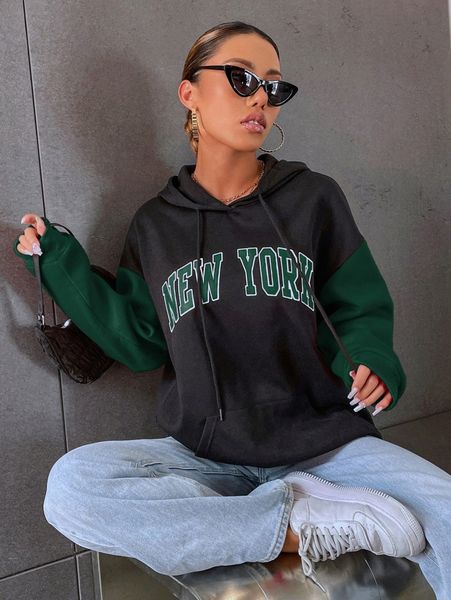 

letter graphic drop shoulder two tone drawstring hoodie g8al#, White;black