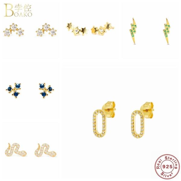 

boako stud earrings for women 100% s925 sterling silver mini cz crystal cute tiny earring gifts pendientes brincos, Golden;silver