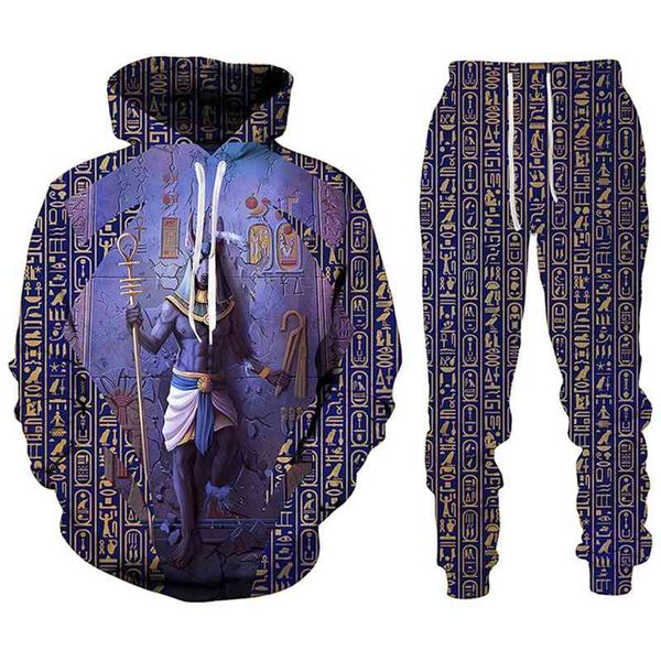 

egyptian elements 3d anubis graphic hoodie trousers two-piece autumn/winter sportwear fashion casual suit, Black