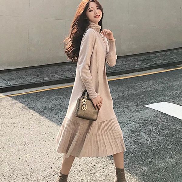 

casual dresses elegant loose women sweater dress 2021 autumn winter female a-line ruffles knitted femm pullover vestidos, Black;gray