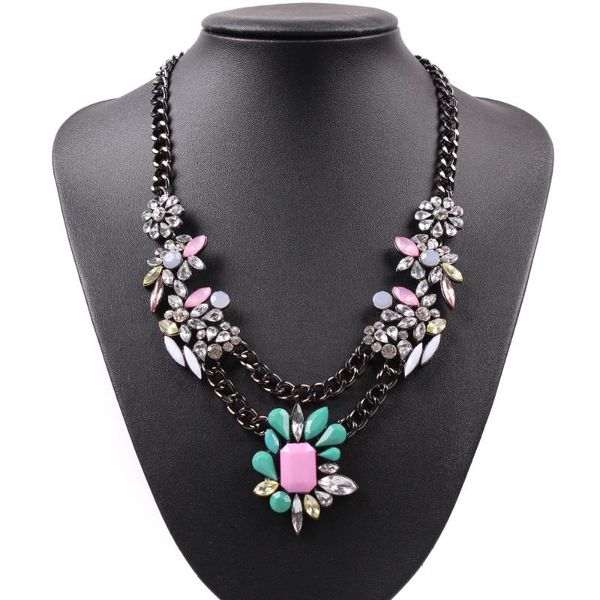 

fashion design brand colorful necklace for women bib statement crystal flower resin pendant girls chain jewelry necklaces, Silver