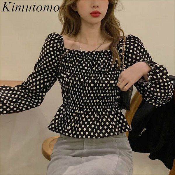 Kimutomo Vintage Frauen Polka Dot Blusen Französisch Stil Frühling Weibliche Slash Neck Schmetterling Hülse Kurze Tops Mode 210521