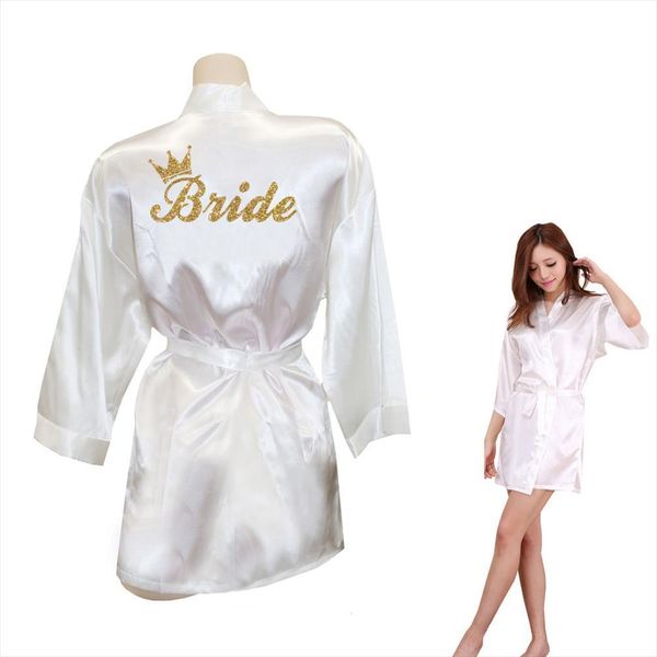 

bride crown team golden glitter women sleepwear print kimono robes faux silk bachelorette wedding preparewear free, Black;red