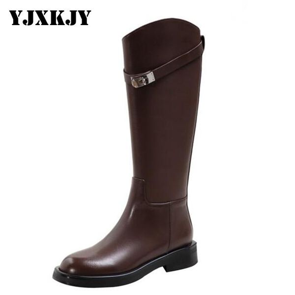 

boots yjxkjy women knee high motorcycle mid heel long female botas mujer big size metal buckle decoration casual shoes, Black