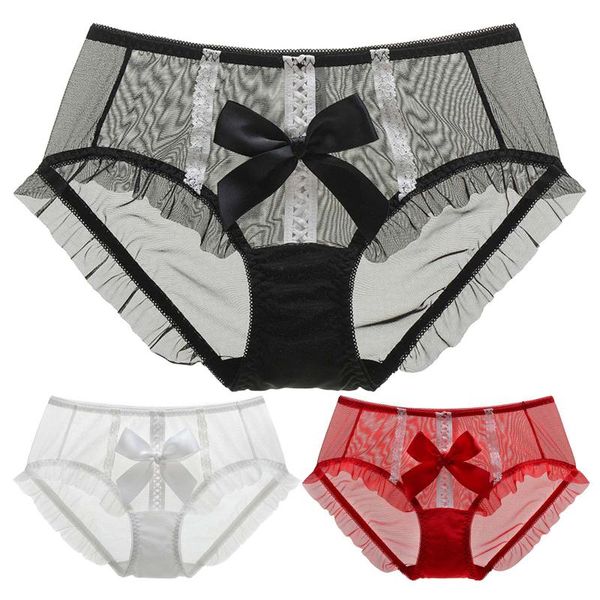 

women's panties womens see-through lace mid-waist bowknot front underwear elastic waistband stretchy briefs erotic lingerie underpants, Black;pink