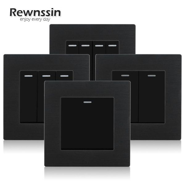 

smart home control rewnssin wall embedded light switch brushed aluminum panel black 1/2/3/4 gang rocker with fluorescent