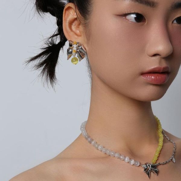 

pendant necklaces mengjiqiao 2021 korean trendy yellow opalbeads choker for women girls fashion metal bowknot pendent necklace party jewelry, Silver