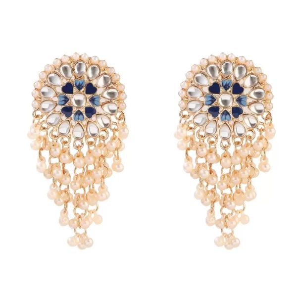 Orecchini pendenti da sposa con zirconi indiani a forma di fiore classico da donna Gioielli di moda per orecchini Jhumka con nappe di perle etniche zingaresche