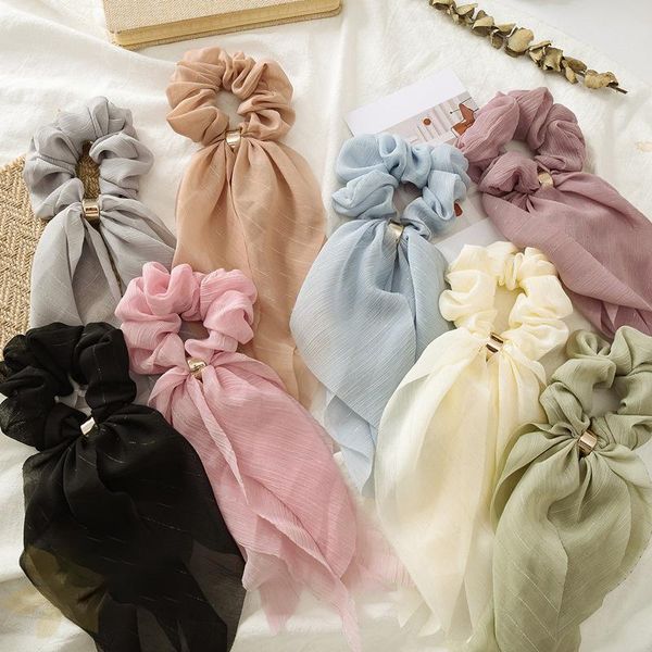 

women scrunchies organza elastic band solid color long ribbon ponytail holder for lady bow hair gum circle 3.8 inch headdress accessories