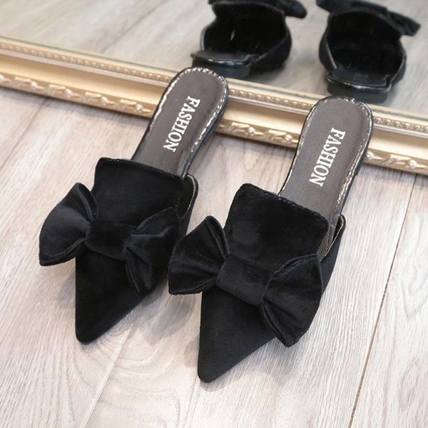 

slippers 2021 fashion women ladies pointed toe flat bowknot causal shoes sandals home bedroom zapatillas de casa#a35, Black