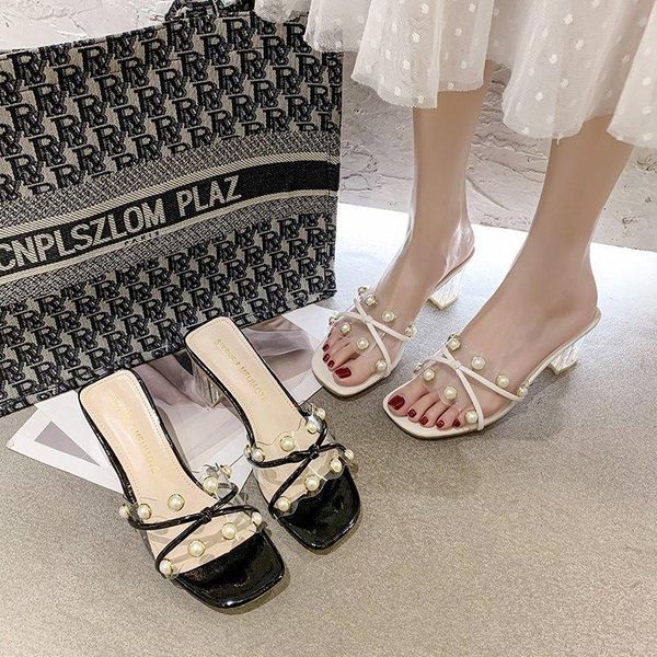 

clear heels slippers women sandals summer shoes fish mouth square pumps transparent high, Black