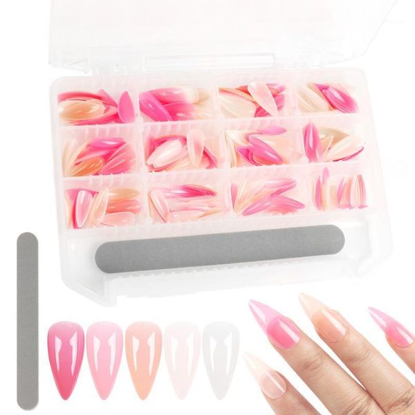 

240pcs/box nails extension system full cover sculpted base color stiletto medium false nail tips with files1, Red;gold
